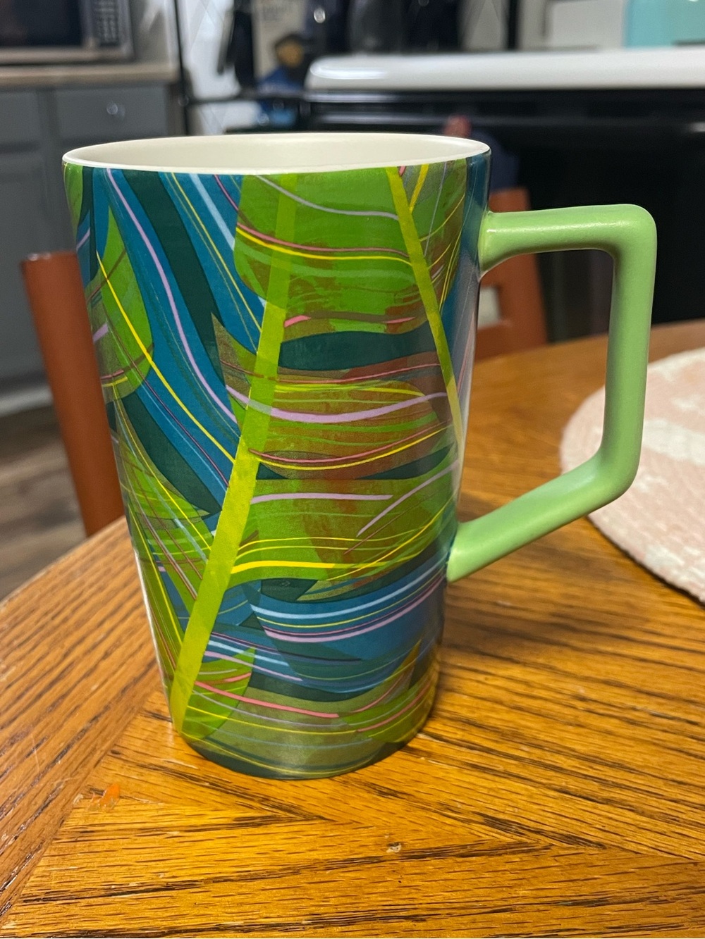 Rare Teavana Leaf Ceramic Mug 12fl oz Cup Leaves Green Blue Coffee Tea